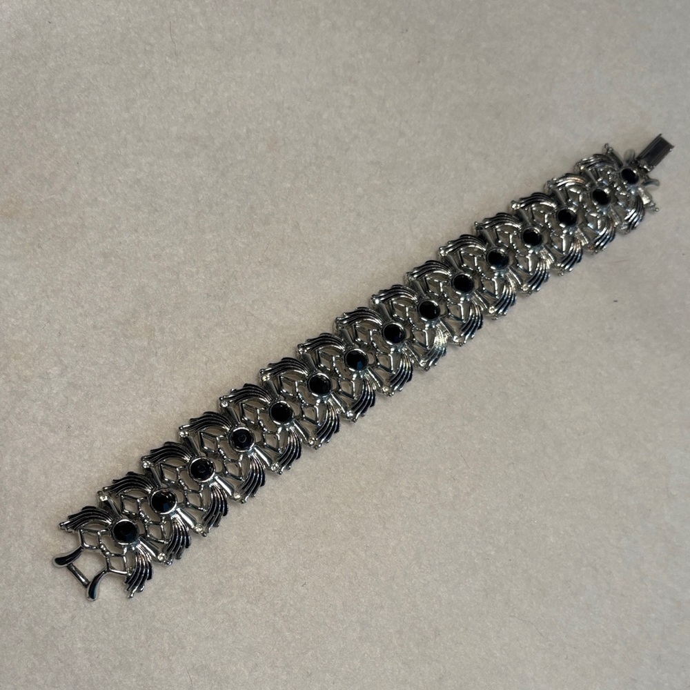 Vintage Judy Lee Silver Tone & Black Rhinestone Bracelet 7-1/4”